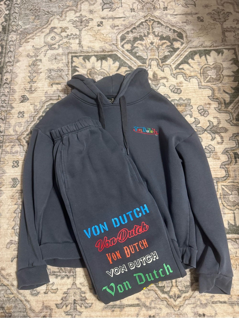 Von Dutch x Vintage Havana Charcoal Sweatshirt & Joggers with Multi-Color Logos